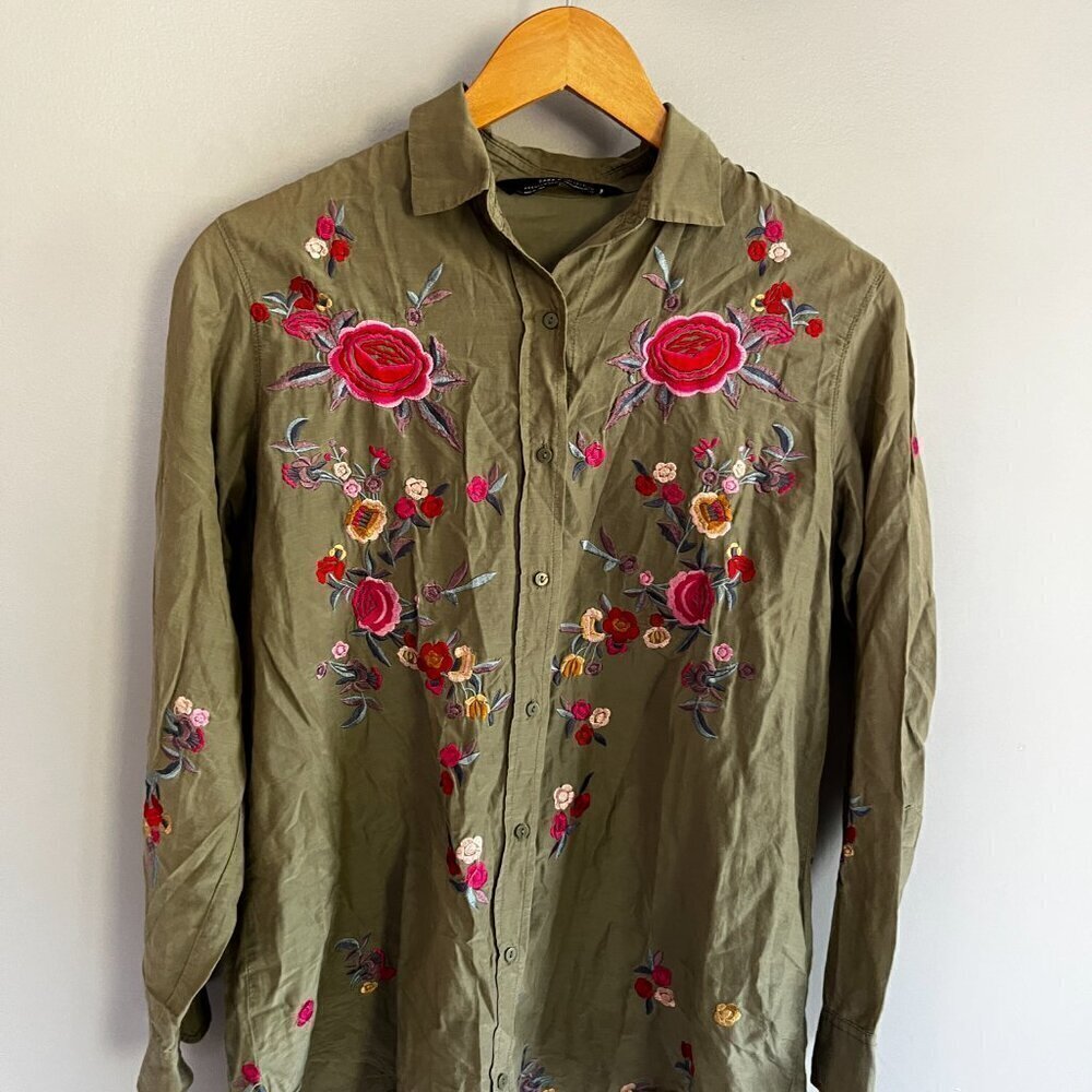 Zara floral embroidered button down shirt Green Size XS boho western festival - Picture 9 of 14
